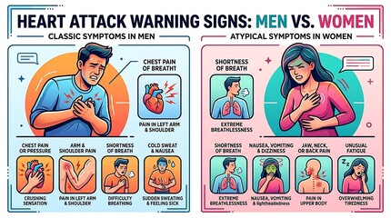 Heart attack warning signs comparison for men and women