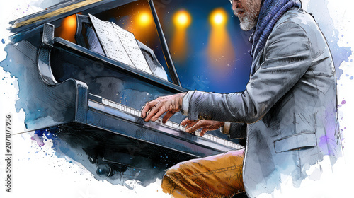 Man playing piano with sheet music on stage under warm lights, artistic watercolor style capturing musical passion Watercolor Style