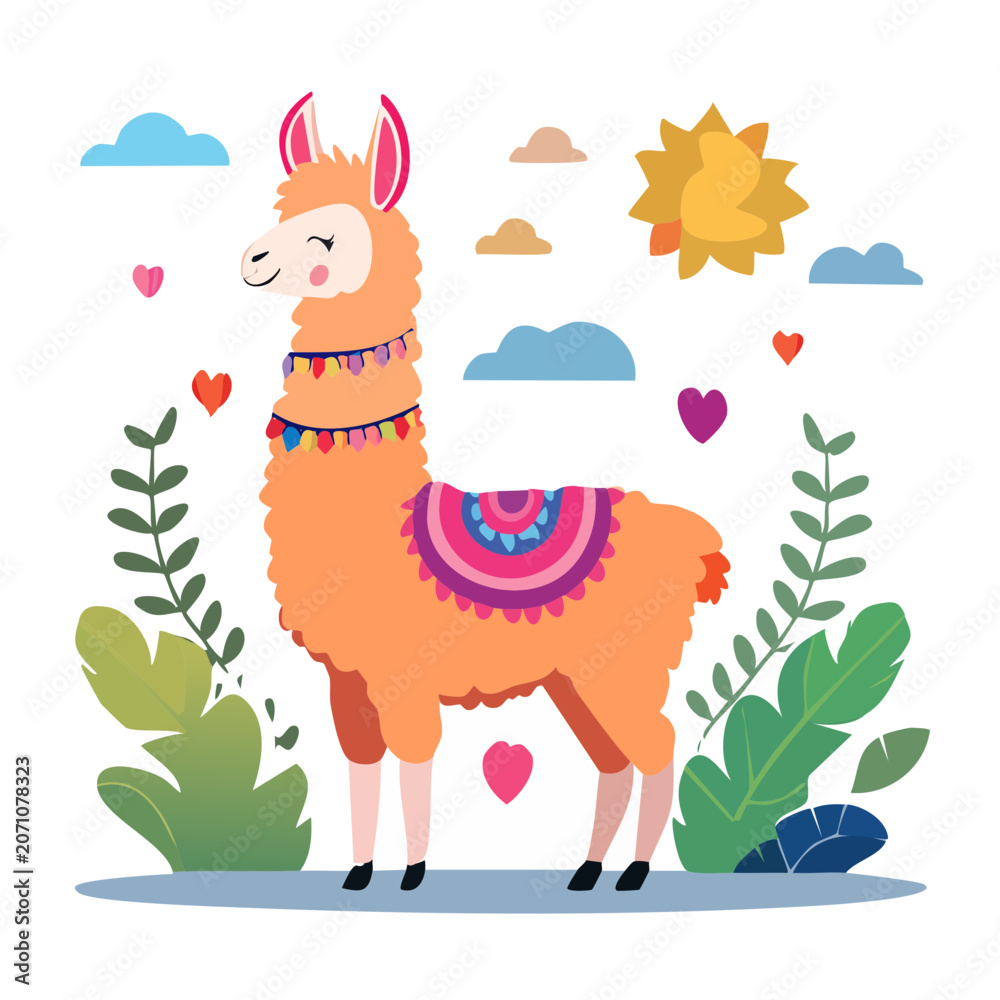 Obraz premium Cute Llama with Festive Decorations and Sunny Sky