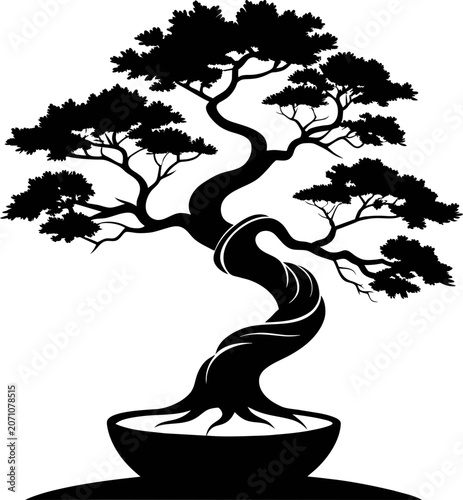 Elegant silhouette of a perfectly sculpted Japanese bonsai tree in a simple pot against a stark white background