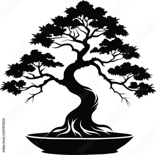 Intricate black silhouette of a twisted bonsai tree in a smooth pot against a stark white background symbolizing tranquility and nature
