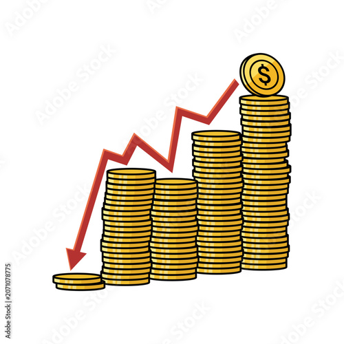 Golden coin stacks with a red arrow showing economic market crash