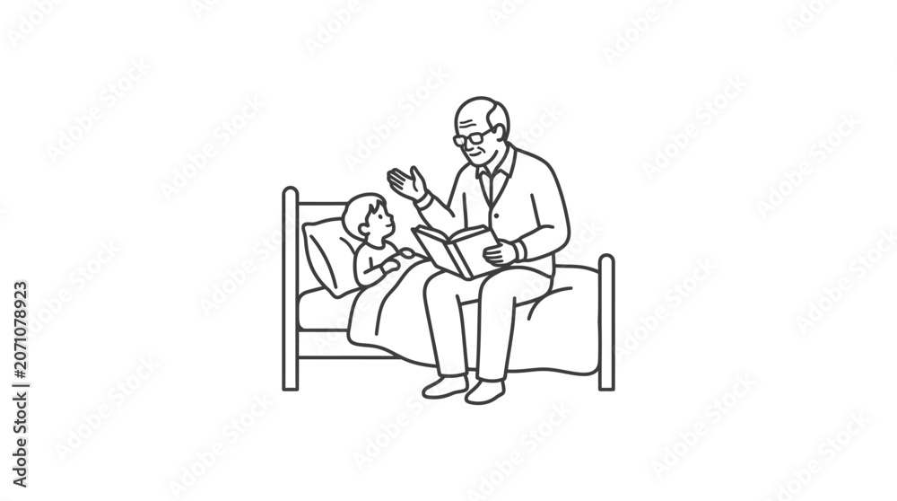 Fototapeta premium Grandfather Reading Bedtime Story to Grandson Line Art