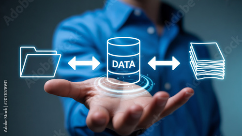 Person holding data transfer concept with database icon