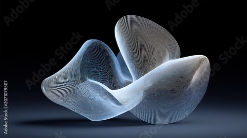 Abstract sculptural form composed of fine, flowing, illuminated lines against a dark background
