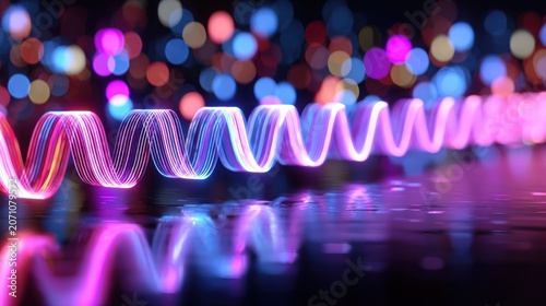 Illuminated spiral of light energy flows across a reflective surface against a bokeh background