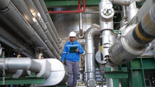 Industrial engineer inspecting refinery equipment and recording inspection data on a clipboard in a modern petroleum facility, highlighting preventive maintenance, process engineering, workplace safet