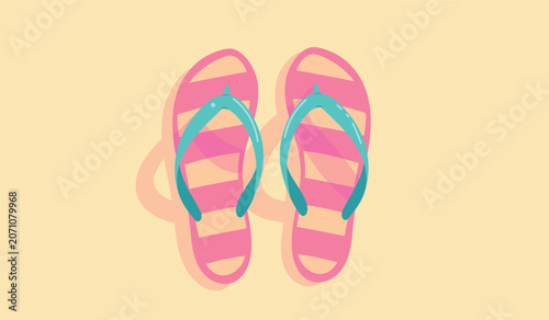 Cute summer flip flop pair vector illustration in flat comic style with pink stripes and shadow for tropical Hawaii beach holiday relaxation concept isolated on background.