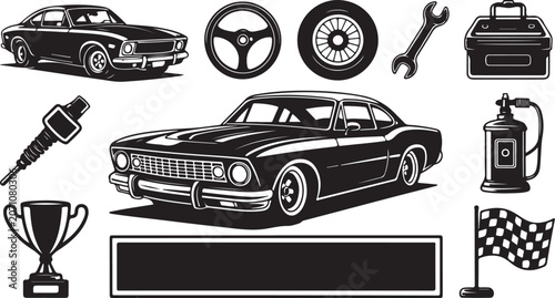 Vintage Car, Racing, Auto Parts, Icons Set