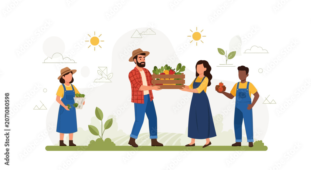 Fototapeta premium Diverse Farmers Cooperating to Harvest and Share Fresh Produce in a Sunny Rural Setting