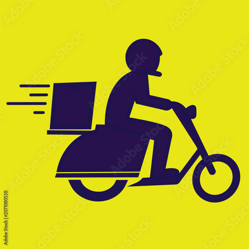 Konstfotografi Minimalist vector illustration of a courier riding a motorbike with a delivery box, rendered in blue silhouette over a bright yellow background