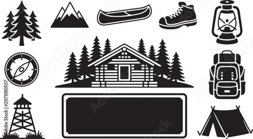 Camping, outdoor adventure icons, black silhouette set, 10 vector graphics