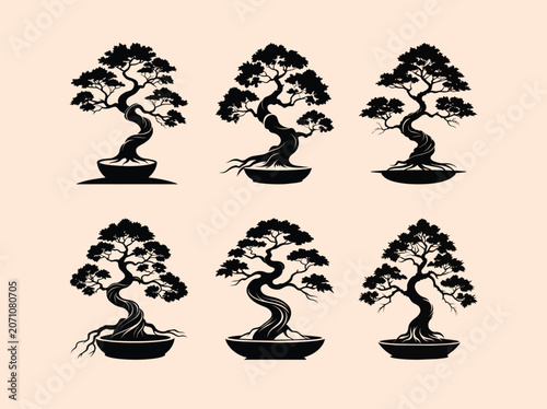 Collection of six stylized black silhouette bonsai trees in elegant ceramic pots on a soft peach background representing tranquility and art