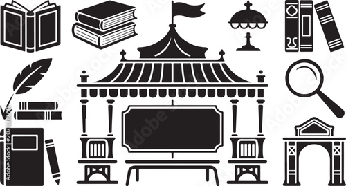 Black and white, vintage fairground icons, 12 vector graphics, illustrations set