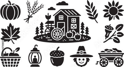 Autumn, harvest icons, black, vector, 13 elements, seasonal symbols