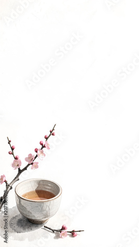 Japanese Chawan with Single Plum Blossom in Expansive Yohaku Space