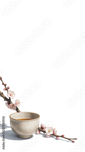 Japanese Chawan with Single Plum Blossom in Expansive Yohaku Space