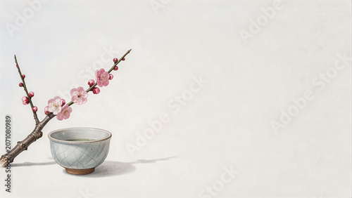 Japanese Chawan with Single Plum Blossom in Expansive Yohaku Space