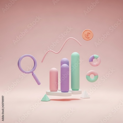 Stylized 3D financial analytics with bar charts magnifying glass and euro coin