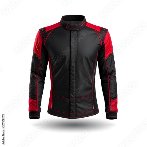 Red and black zippered hoodie with black pants.