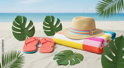 Summer beach essentials including a straw hat, vibrant towel, and coral flip flops