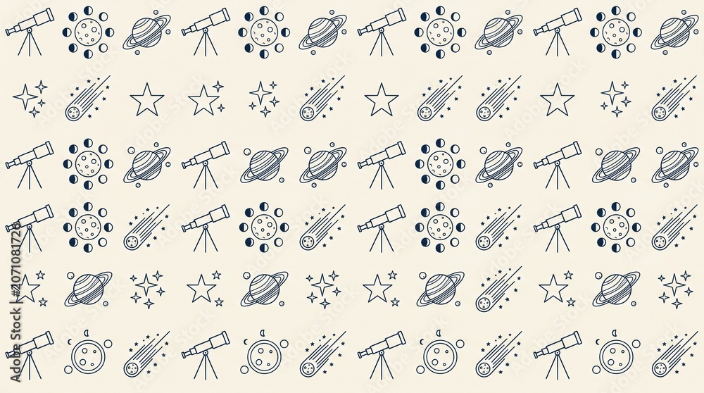 Obraz premium Astronomy Seamless Pattern Stars Telescope Moon Planets Comet Navy Design