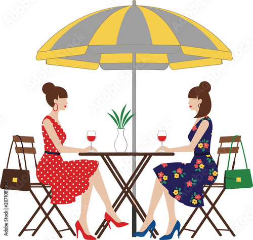 Fotografía Vector bundle of Parisian women drinking wine, cinnamon rolls, boba bubble tea,