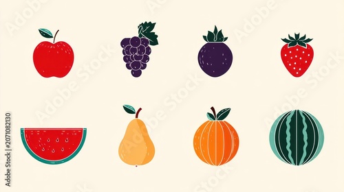 Assortment of eight colorful, stylized whole and sliced fruits displayed in a grid arrangement