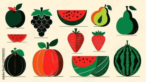 Assorted colorful stylized depictions of various sweet produce items arranged across a light background