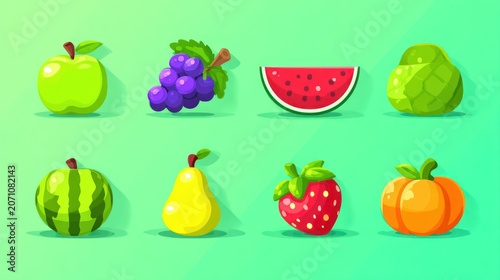 Eight stylized illustrations of various fresh produce arranged in two rows against a soft green background