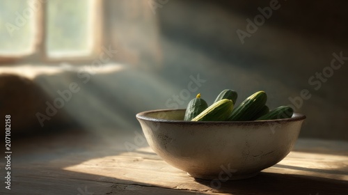 Freshly harvested small cucumbers rest within a ceramic bowl bathed in dramatic natural light.
