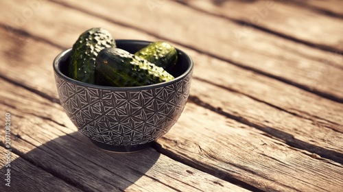 Fresh, bumpy green cucumbers rest inside a dark patterned bowl upon weathered wooden planks outdoors.