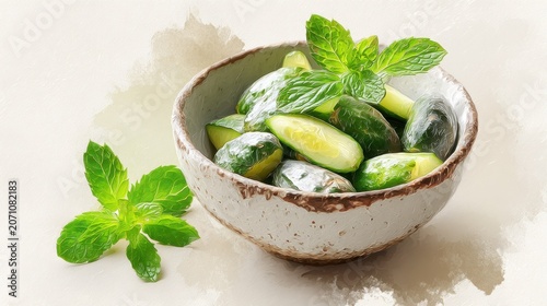 Freshly cut cucumbers garnished with bright green mint leaves rest inside a textured ceramic bowl.