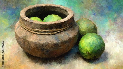 Rustic earthenware container holds unripe green fruit beside two similar pieces resting on a textured surface.