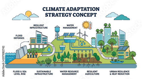 Innovative climate adaptation strategies concept for a sustainable and resilient future, focusing on urban development and environmental protection