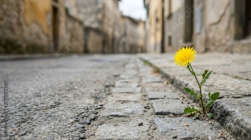 Yellow dandelion growing from a crack in a cobblestone street