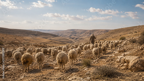 Sheep following their shepherd