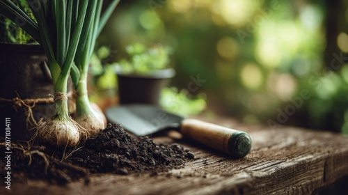Freshly harvested spring onions rest beside dark soil and a small hand trowel on a rustic wooden surface outdoors