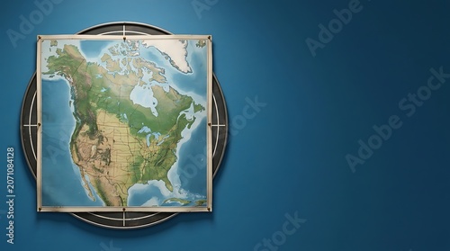 Map of north america pinned over a circular target on a blue wall
