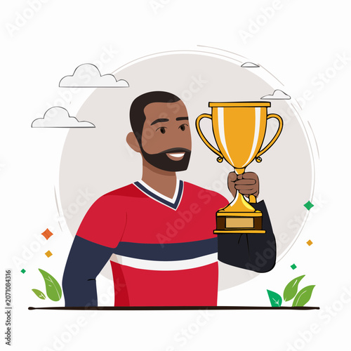 Man holding a golden trophy, celebrating success