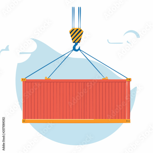 Red shipping container lifted by crane hook