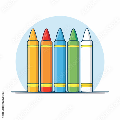 Row of five colorful crayons on a light blue background