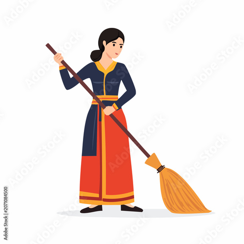 Woman in traditional dress sweeping with a broom