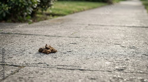Dog poop on a concrete sidewalk in a public park