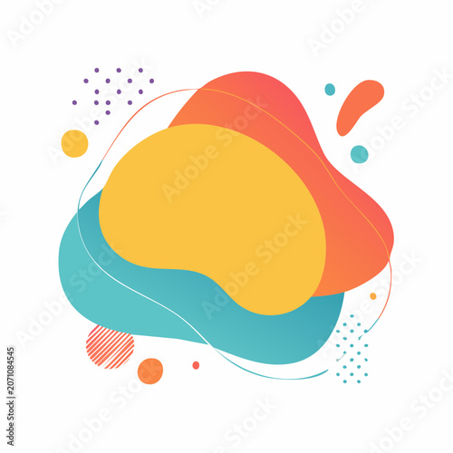 Abstract colorful fluid shapes with dots and lines on white background