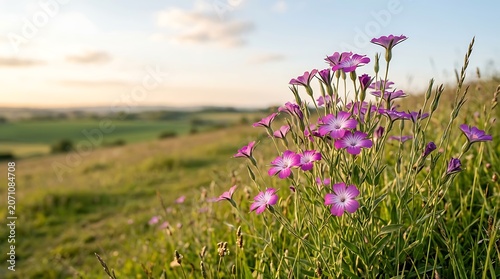 Vibrant pink wildflowers growing on a grassy hillside at golden hour