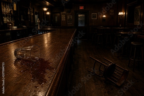 A spilled glass on a wooden bar with liquid pooling and a knocked-over chair.