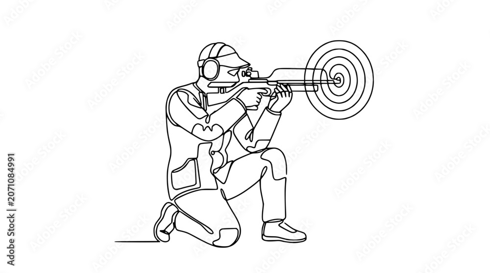 Obraz premium Continuous line drawing of a marksman aiming a rifle at a target, minimalist sports illustration.