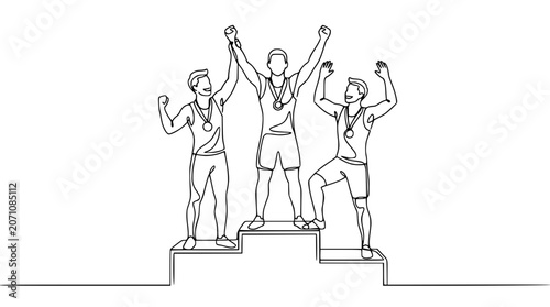 Obraz na plátně Three Winners Celebrating on Podium, First Place Victory, Minimalist Line Art