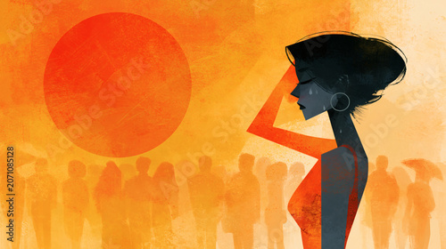 Exhausted Woman in Scorching Heatwave with Blazing Sun – Dramatic Illustration